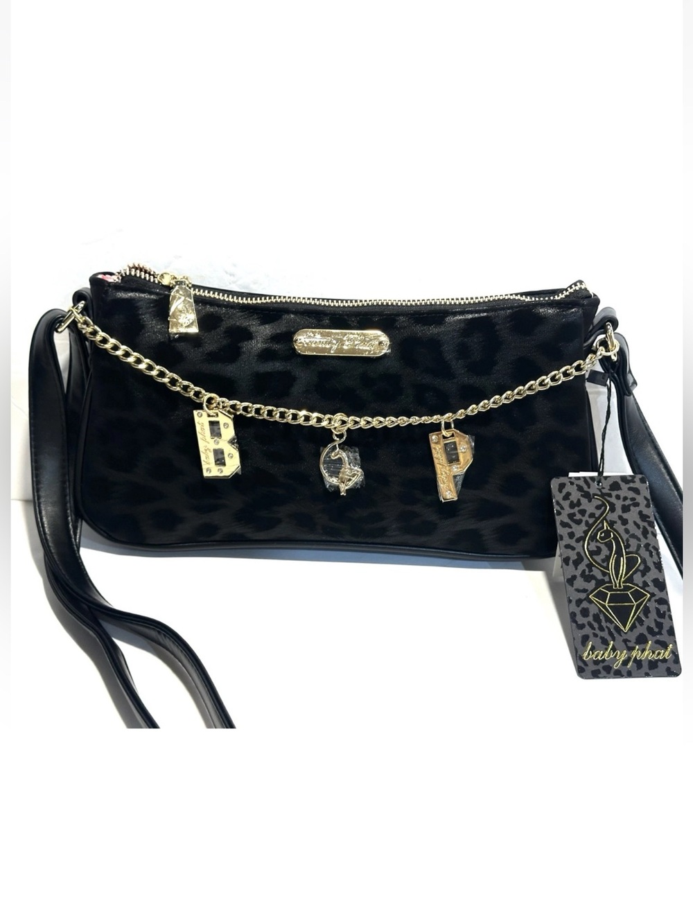 Baby Phat Black Leopard Print Crossbody with Gold Charm Chain